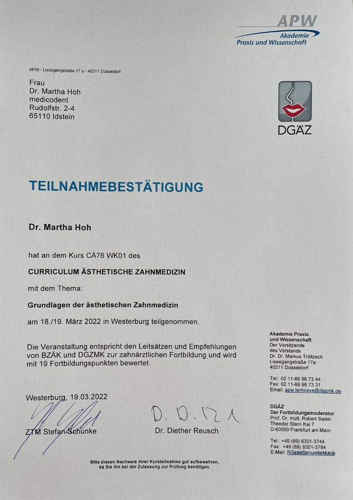 Zertifikat Curriculum Aesthetische Zahnmedizin - Zahnarzt Idstein